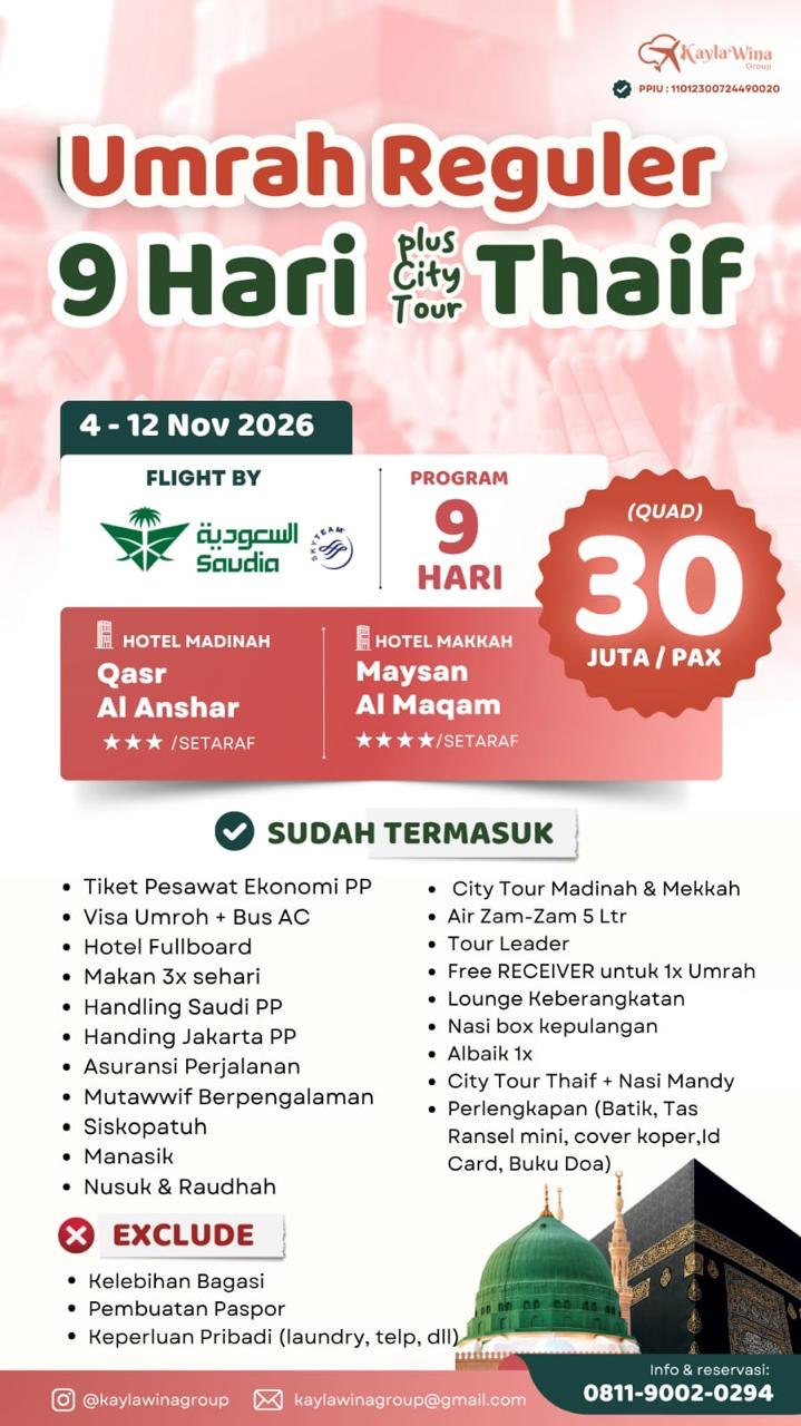 Umrah Reguler 9D + City Tour Thaif